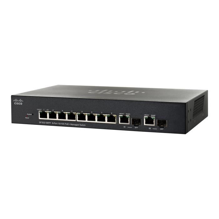 Cisco Small Business SF302-08PP Commutateur C3 Géré 8 x 10-100 (PoE+) + 2 x SFP Gigabit combiné Ordinateur de bureau, Montable…