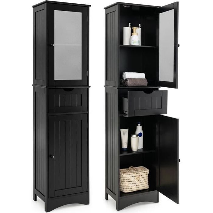 costway meuble colonne de salle de bain avec 2 portes et 1 tiroir, étagères réglables et porte verre dépoli, 40 x 30 x 170 cm, noir