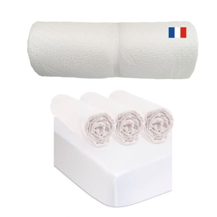 Matelas de voyage 60x120 + 3 Draps housse Coton + 2 Alèses - EASY DORT - 60x120 - Bébé - 22kg/m3 - Blanc