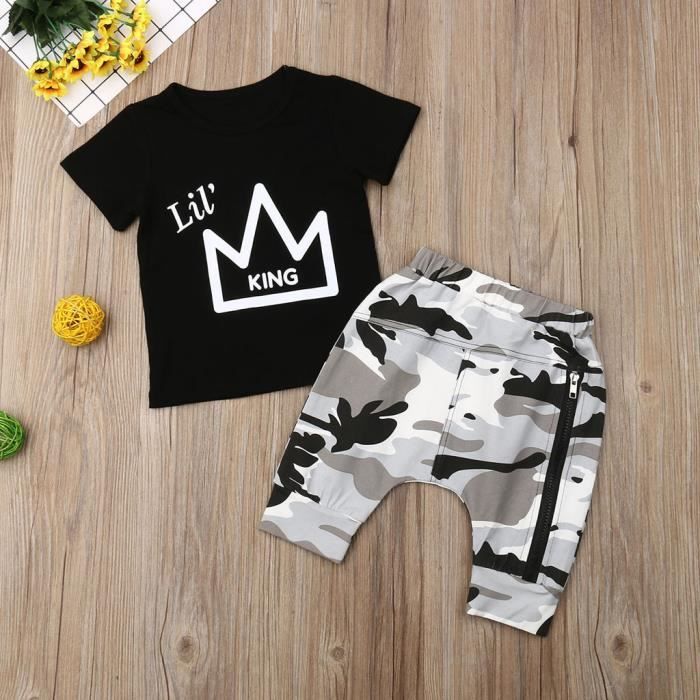Ensemble De Tenues De T Shirt Imprime Lettre Bebe Garcon Enfant Short Imprime Camouflage Noir Noir Achat Vente Ensemble De Vetements Cdiscount