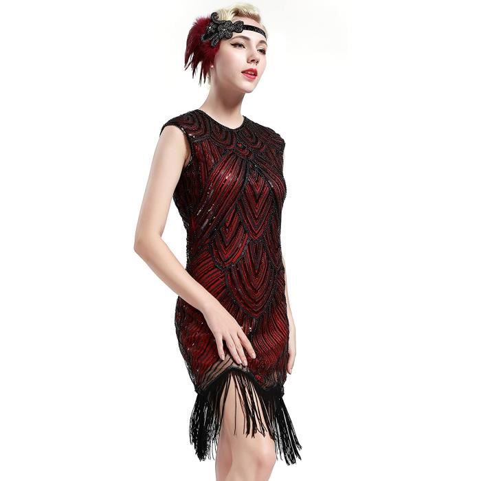 Robe Soirée - Vintage - Flapper - Noir Rouge - Franges - Paillettes ...