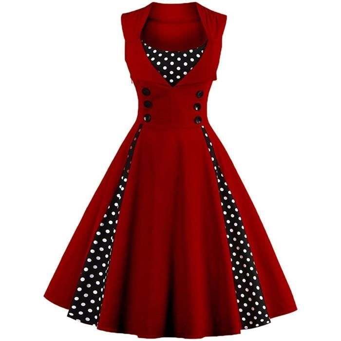Robe d ete pour femme Robe Vintage sans Manches a Pois elegantes Femmes Bouton Bordeaux Cdiscount Pret a Porter
