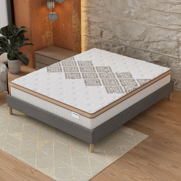 Ensemble matelas + Sommier (160x200cm)- Errakis Ressorts ensachés & Mousse Hdensité Ép 28cm + Sommier Bois stable Tissu Gris