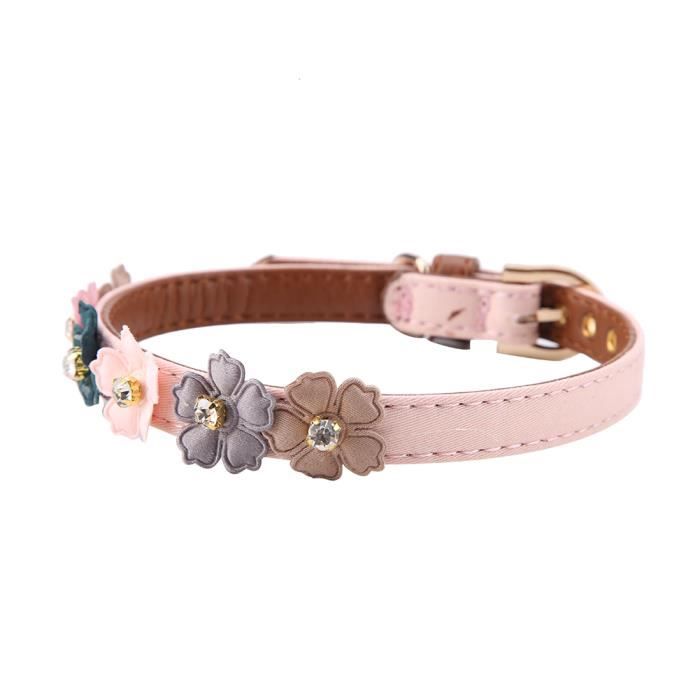 Comparer les prix de Collier pour chat ou chien en cuir PU avec fleur et nœud papillon réglable - Shipenophy - Rose - Noir - Chien