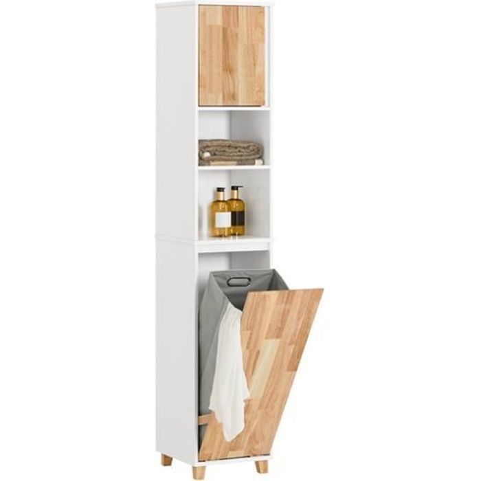 Meuble Colonne Salle de Bain SoBuy avec Panier à Linge Pliable Armoire Haute Rangement WC Bois Résistant Humidité Blanc 31×170×32cm