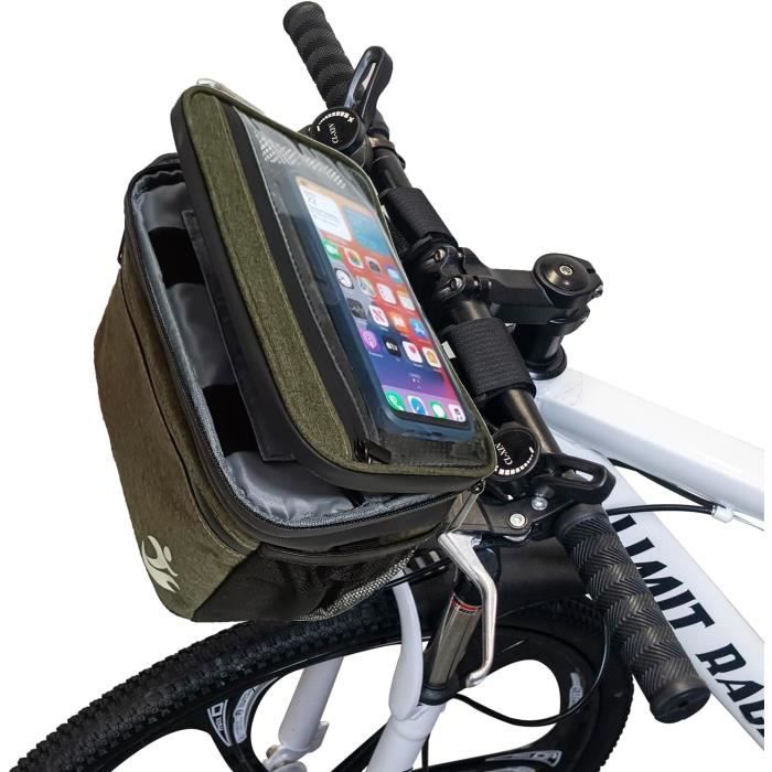 Sacoche Double Vélo – Étanche, Pour Guidon – Support Téléphone 6,5 Pouces – Poches Latérales – Polyester Résistant – Noir