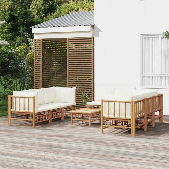 vidaXL Salon de jardin 9 pcs avec coussins Bambou - vue 2