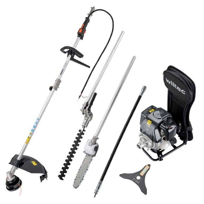 Wiltec Outil multifonction 4 en 1 – 2860 x 370 x 560 mm – Moteur 4 temps à Essence 0 9 l – 0 9 kW – avec Rallonge – Coupe-bordures D