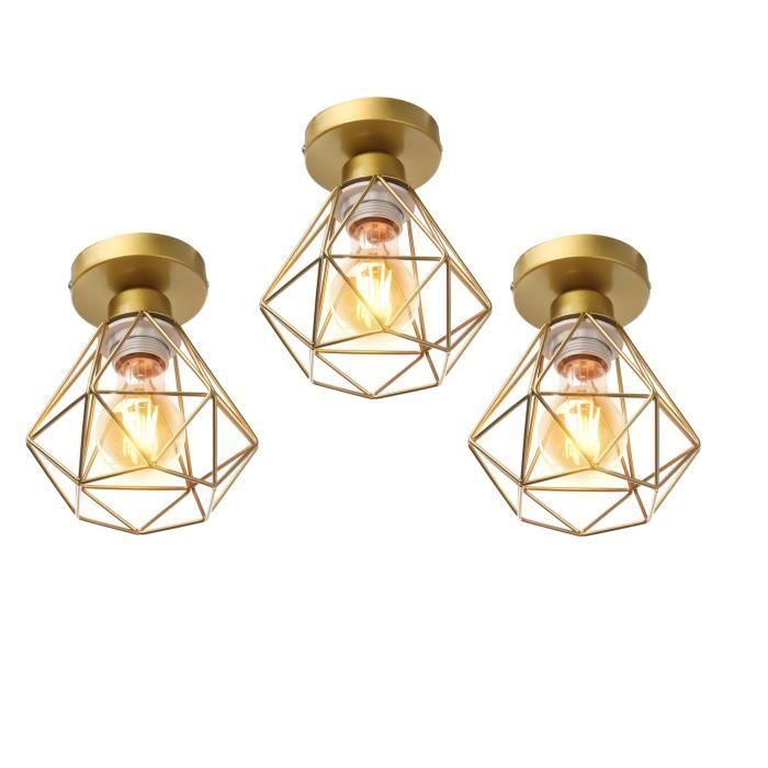 Plafonnier Cage Diamant Rétro Industrielle - WOTTES - 3 ampoules E27 - Fer Forgé - Jaune
