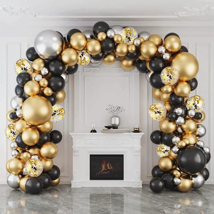 103Pcs Kit de Guirlande Ballon Arche Noir Argent Blanc,Décoration d  Anniversaire de Ballon Noirs Confettis