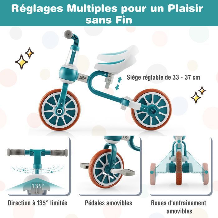 Tricycle enfant 3 en 1 - WILLONIN - Jaune - Guidon réglable - Pédale pliable - Jeux - Jouets
