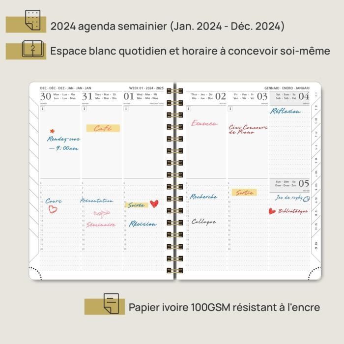 Agenda 2024 Semainier: Planificateur Hebdomadaire 1 Semaine sur 2 Pages 12  mois Janvier - Décembre Planner Vertical Organisateur Familial  A5