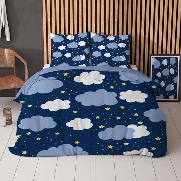 Housse De Couette 200x200 Cm Motif Nuages étoiles Lune - Microfibre Douce - Avec 2 Taies D'oreiller 65x65 Cm - Fermeture éclair Et Sangles - 4