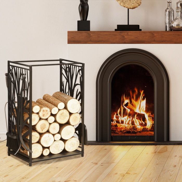 HOMCOM Porte-Bûches Etagère Métal Noir 100kg - Range Bûches Intérieur Extérieur 60x25x150cm