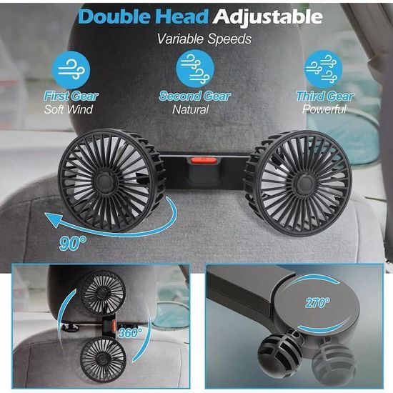 Ventilateur De Voiture Double Tête – Pour Siège Arrière – 3 Vitesses, USB Type C – Fixation Velcro – Rotation 360°