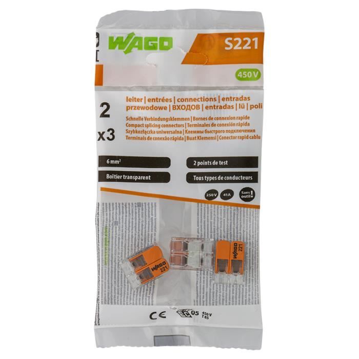 WAGO - Sachet de 3 bornes S221 2 entrées fils souples et rigides 0.5 à 6mm²  - Cdiscount Bricolage