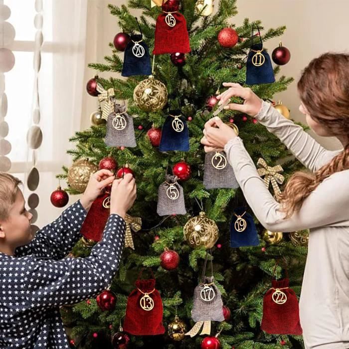 Calendrier de l'Avent de Noël en Tissu, Sac Mural, Ornements de Noël,  Compte à Rebours