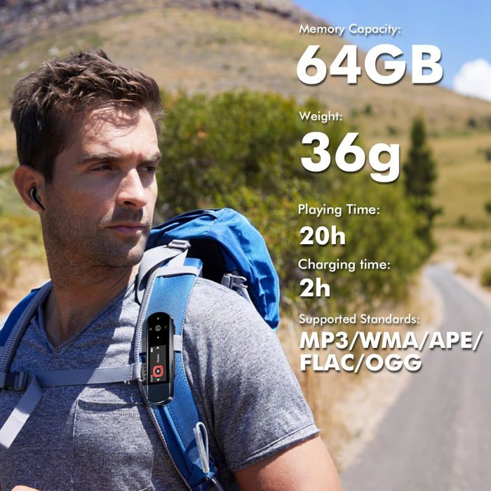 64Go Lecteur MP3 USB Portable avec Bluetooth 5.3, Clip pour Le 64Go Lecteur MP3 USB Portable avec Bluetooth 5.3, Clip pour Le