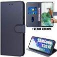 Pack 2 Verres Trempés avec Coque Pour Samsung S20 FE (6.5") Bleu Marine Couleur Unie Anti Rayure Anti-Choc Porte-Carte Souple-0
