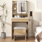PULUOMIS Coiffeuse avec Miroir LED et Tabouret de Rangement, Tiroir et Étagères, 2 Prises et 2 Ports USB, Table de Maquillage