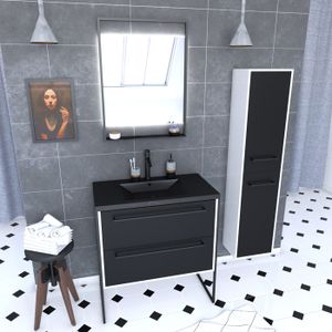 MEUBLE VASQUE - PLAN Ensemble meuble de salle de bain 80x50 cm - vasque noir effet pierre + colonne + miroir