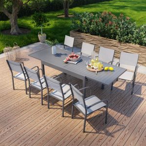 Ensemble table et chaise de jardin Table de jardin extensible en aluminium 270cm + 8 fauteuils empilables textilène anthracite gris - MILO 8