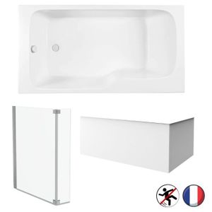 BAIGNOIRE - KIT BALNEO Baignoire bain douche JACOB DELAFON Malice antidérapante + tablier angle + pare bain | 170 x 90, droite