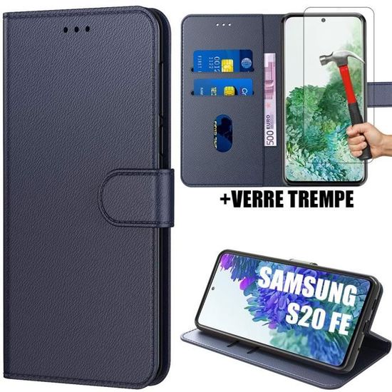 Pack 2 Verres Trempés avec Coque Pour Samsung S20 FE (6.5") Bleu Marine Couleur Unie Anti Rayure Anti-Choc Porte-Carte Souple