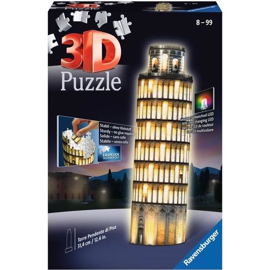 Puzzle 3D Tour de Pise illuminée - Ravensburger - 216 pièces - sans colle - avec LEDS couleur - Dès 8 ans
