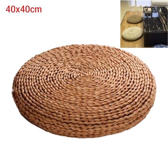 Coussin Méditation Leikance 40x40cm - Paille Tressée Main - Remplissage Soie - Beige