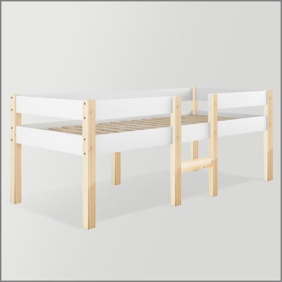Lit Enfant 140x200 Cm Avec Chevets - Forme Maison, Bois Massif - Gris/Blanc - Sans Matelas