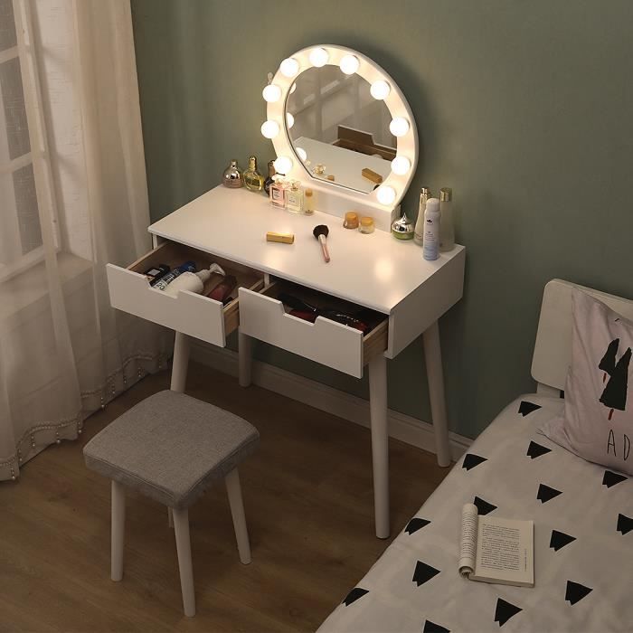 Table de maquillage+Tabouret Avec LED Coiffeuse en MDF et Bois massif Meuble pour chambre appartement Cadeau pour filles/Femmes BLA