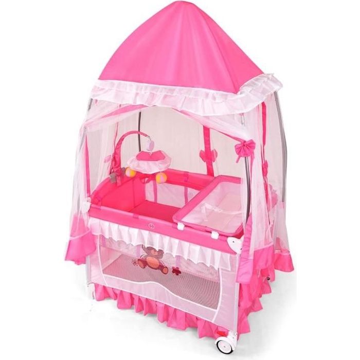 Lit Parapluie Bébé 3 en 1 avec Moustiquaire, Jouets, Roues avec Frein, Boîte à Musique, Table à Langer et Sac pour 0-3 Ans Rose