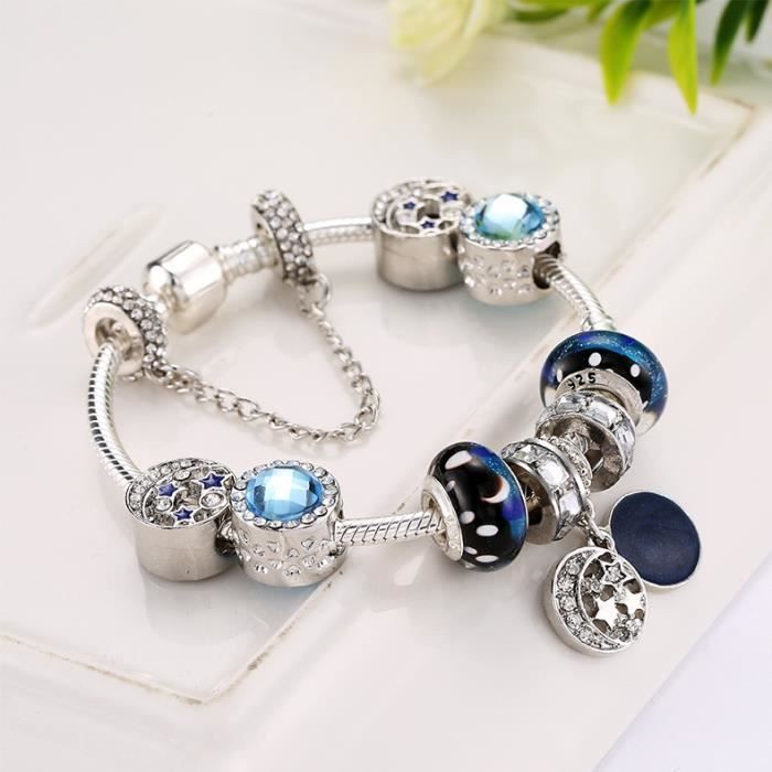 19CM Charms Bracelet à breloques en verre étoilé bleu bijoux Femme CZ Trèfle Charms Femme