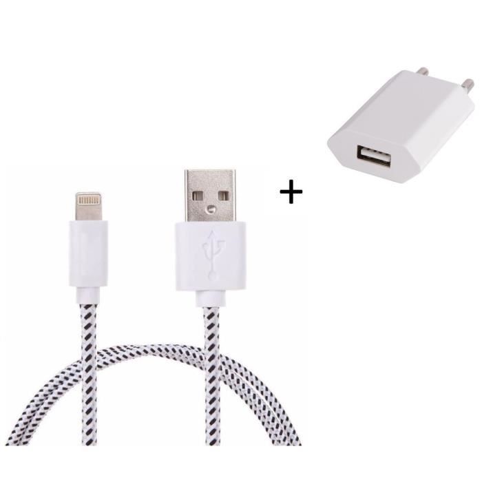 Pack Chargeur pour IPHONE Xs Max Lightning (Cable Tresse 3m Chargeur + Prise Secteur USB) Murale Android (BLANC)
