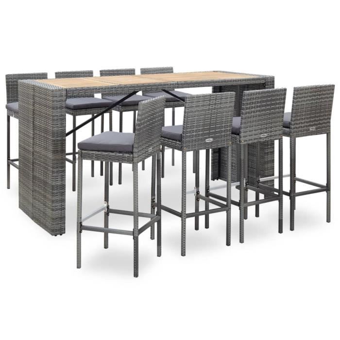 Ensemble Table de bar + 8 bar Mange-Debout Ensemble Table et Chaises Résine tressée et bois d'acacia Gris