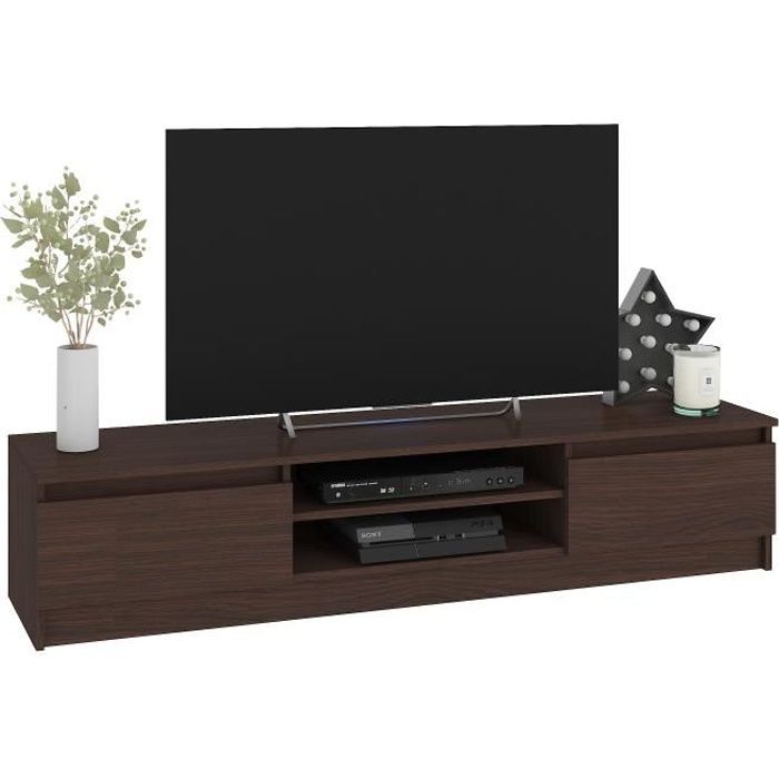 ROBIN - Meuble bas TV contemporain salon/séjour 160x33x40cm - 2 niches + 2 portes - Rangement matériel audio/video/gaming - Wenge