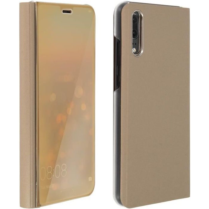 Housse Huawei P20 Etui folio Miroir Clapet Coque Rigide Fonction Support Or Dorée