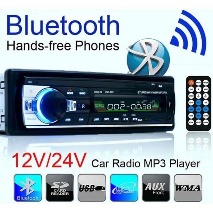 Autoradio multimédia Bluetooth, lecteur Audio stéréo, Support DVD CD MP3 WMA WAV, récepteur Aux