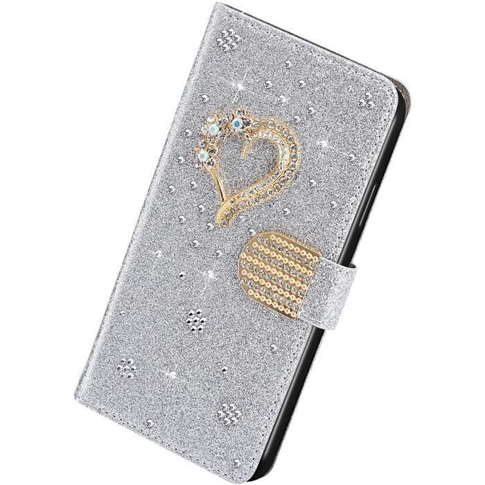 Étui Compatible avec Samsung Galaxy A41 - Étui en Faux Cuir avec Flip Cover Glitter Bling Strass Love Heart PU Cuir Mobile Pho AO