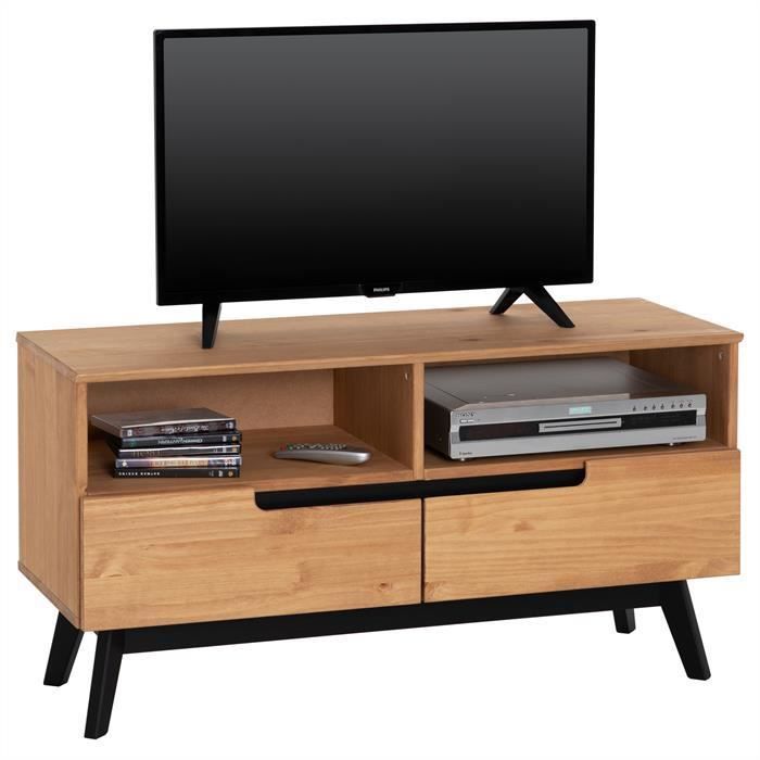 Meuble TV TIBOR banc télé 109 cm style scandinave design vintage nordique 2 tiroirs 2 niches en pin massif finition bois teinté