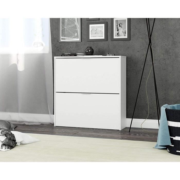 Meuble à chaussures ZAPA à 2 portes, Range-chaussures étroit, couleur Blanc, dimensions: 76 cm x 75 cm x 22 cm