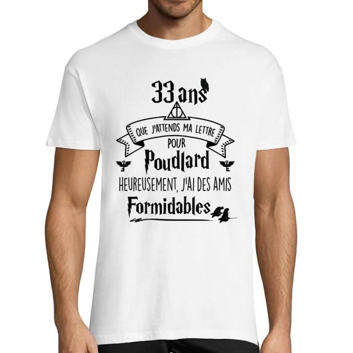 T-Shirt Homme Anniversaire 33 Ans Que j'attends ma Lettre pour Poudlard heureusement Que J'Ai des Amis Formidables | Tshirt Cadeau H