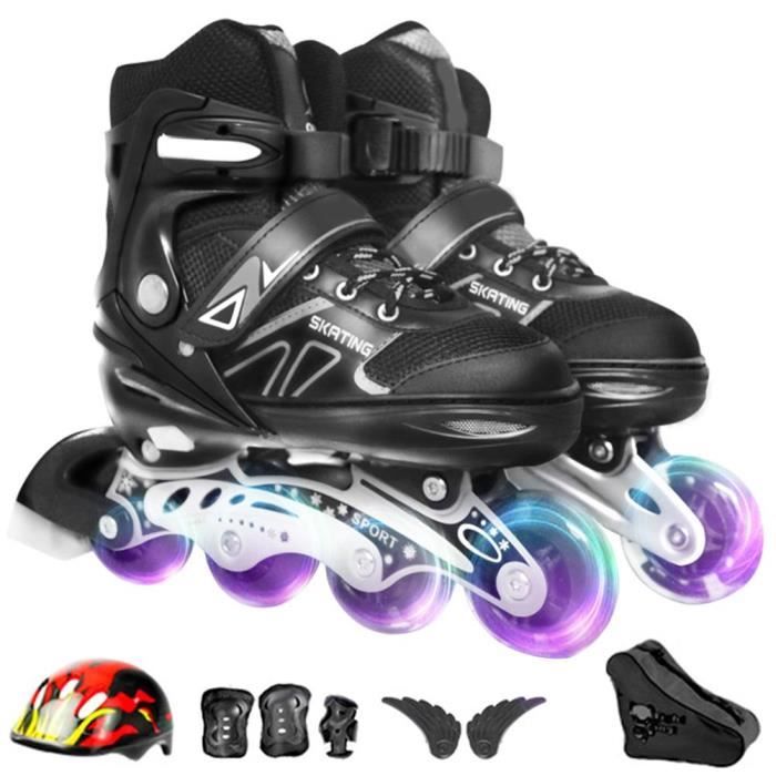 Roller in line Patins à roulette alignées clignotant ajustable Respirant avec Équipement protecteur,sac de rangement-Noir