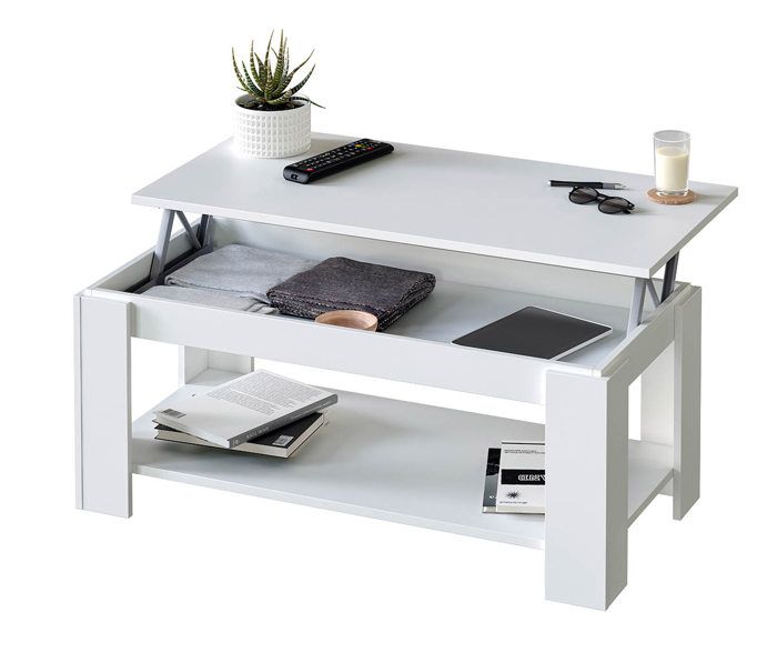 Table Basse relevable coloris blanc artic - Longueur1 02 cm x Hauteur 43-54 cm x Profondeur 50 cm