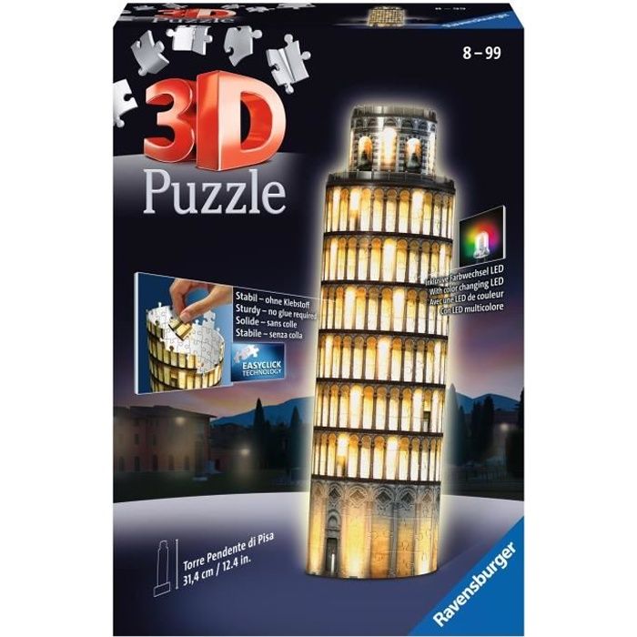 Puzzle 3D Tour de Pise illuminée - Ravensburger - Monument 216 pièces - sans colle - avec LEDS couleur - Dès 8 ans