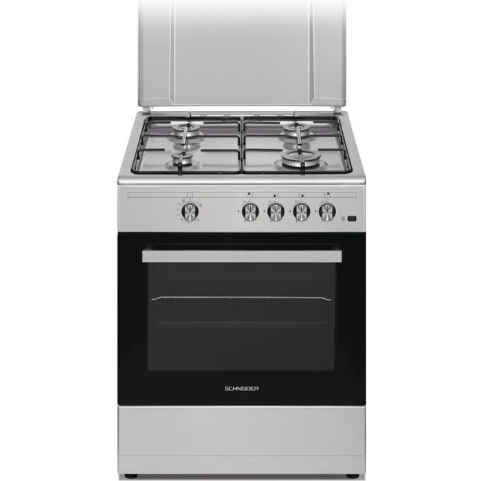 SCHNEIDER SCCFG65X - Cuisinière gaz - 4 foyers -2,9 - Four gaz - Nettoyage Email Lisse - 55L - L60cmxH86cm - Noir