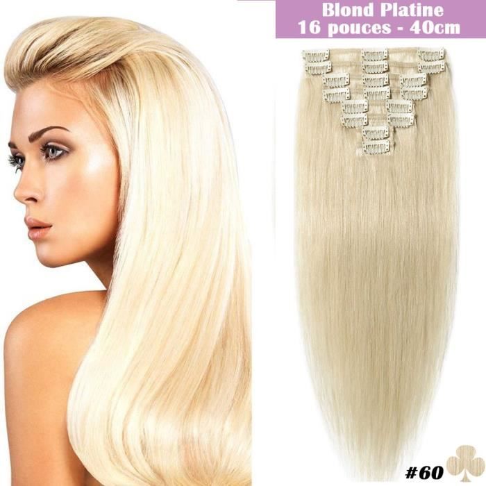 Extensions de Cheveux Naturels a Clips 8 Bandes 18 clips Raide - #60 Blond platine - 40CM 65G - 100% Remy Human Hair