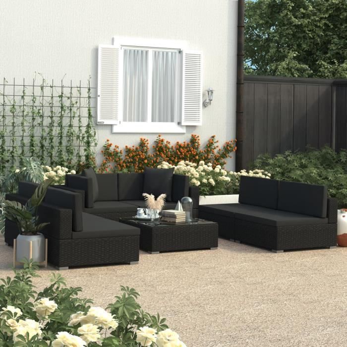 vidaXL Salon de jardin 7 pcs avec coussins Noir Résine tressée