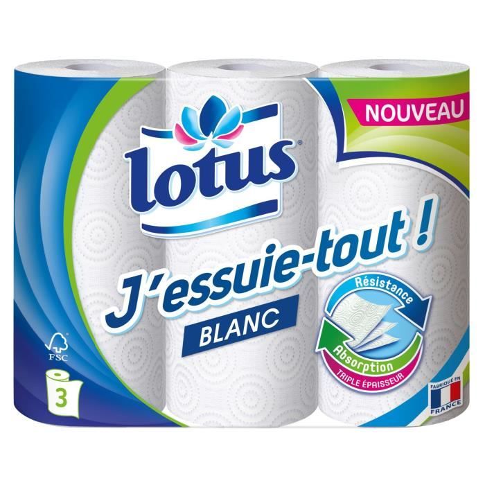 Essuie-tout blanc 3 rouleaux Lotus